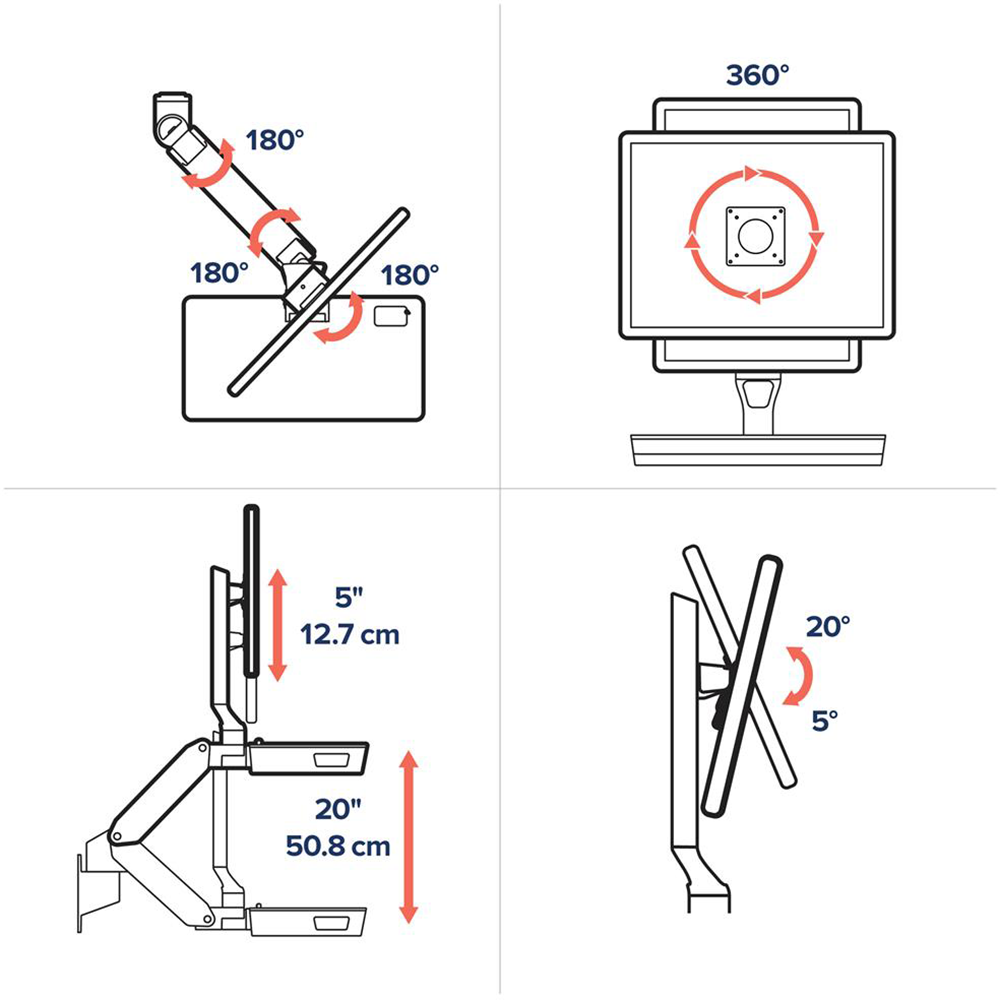 Ergotron CareFit Keyboard & Monitor With Track - Dimension Drawings